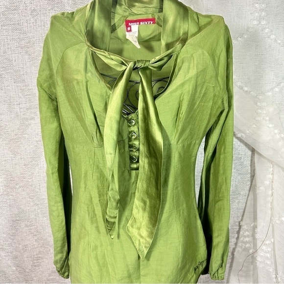 Y2K Miss Sixty green long sleeve bow blouse with silk collar size S - Picture 5 of 10